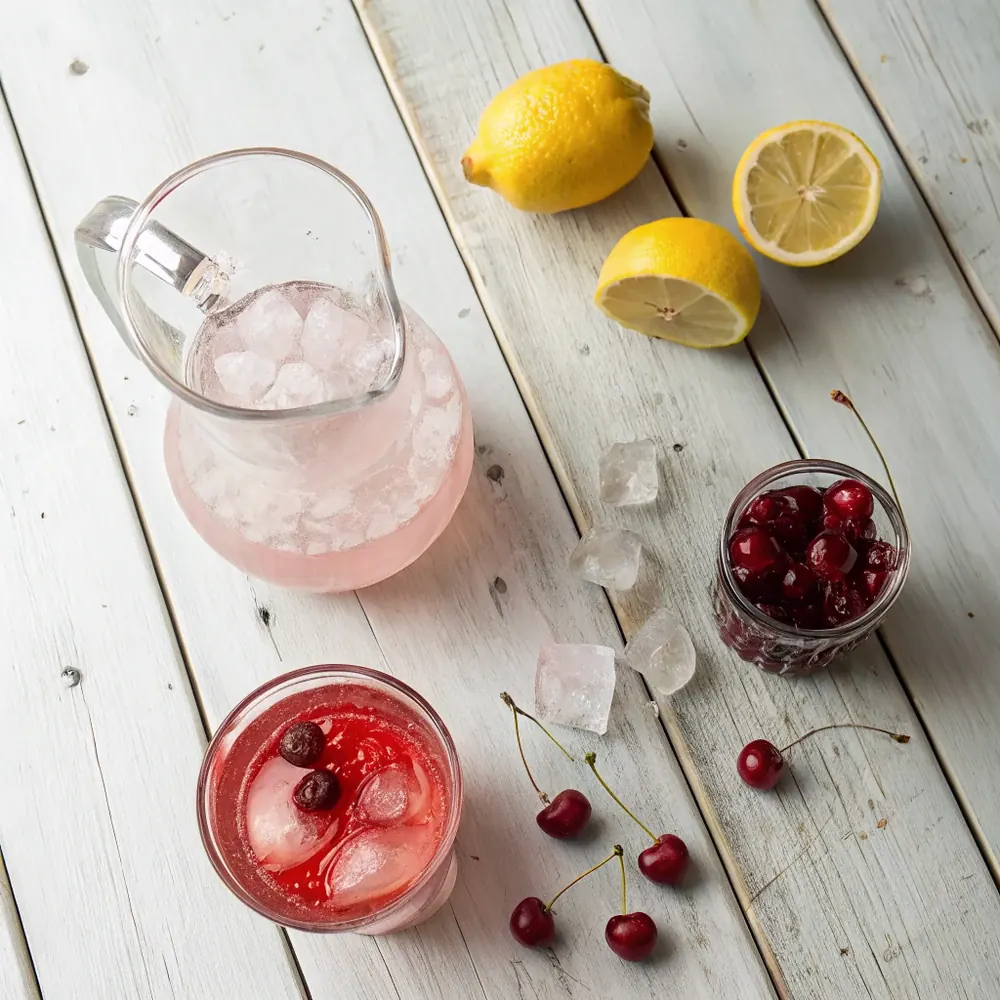 Overhead view of pink sunset drink ingredients: a bottle of vodka, a pitcher of pink lemonade, cranberry juice, grenadine, lemons, and cherries on a wooden table