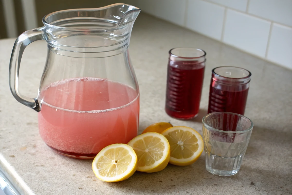 Fresh squeezed pink lemonade being stirred in a glass pitcher with lemon halves and a small glass of cranberry juice beside it