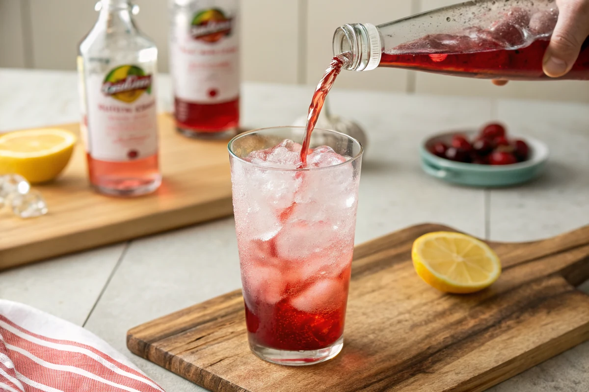 Grenadine being poured slowly down the inside wall of a tall ice filled glass of pink lemonade, a red layer forming at the bottom