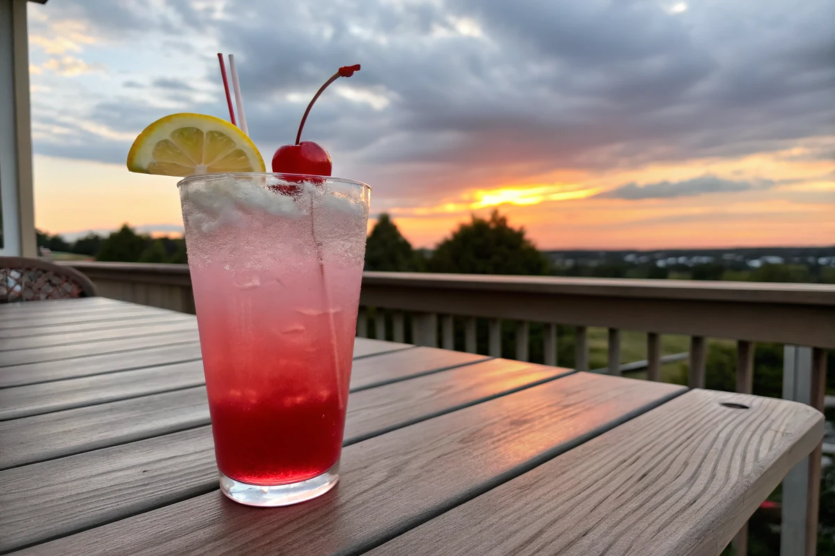 Finished pink sunset drink on a wooden porch table, gradient running from deep red at the base to pale pink at the top with a lemon wheel and cherry