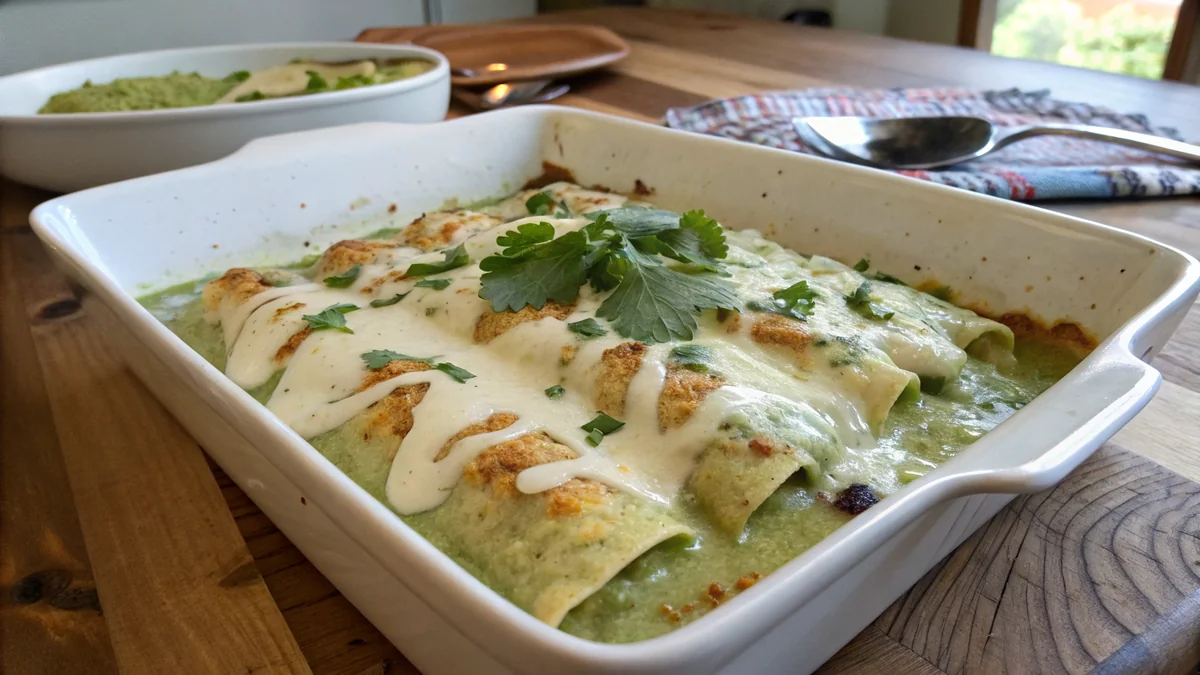 Poblano chicken enchiladas in a white baking dish with creamy pale-green sauce, melted Monterey Jack on top with golden brown spots, garnished with chopped cilantro and crema drizzle