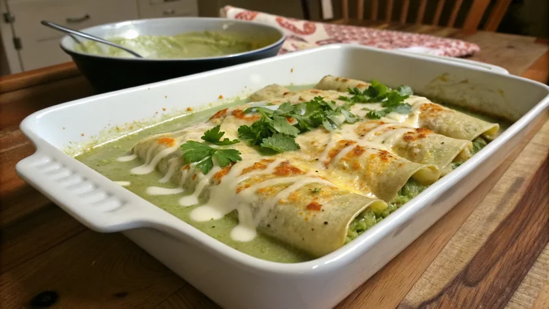 Close-up of a poblano chicken enchilada cut to show shredded chicken filling, white cheese, and the signature green creamy sauce coating the corn tortilla