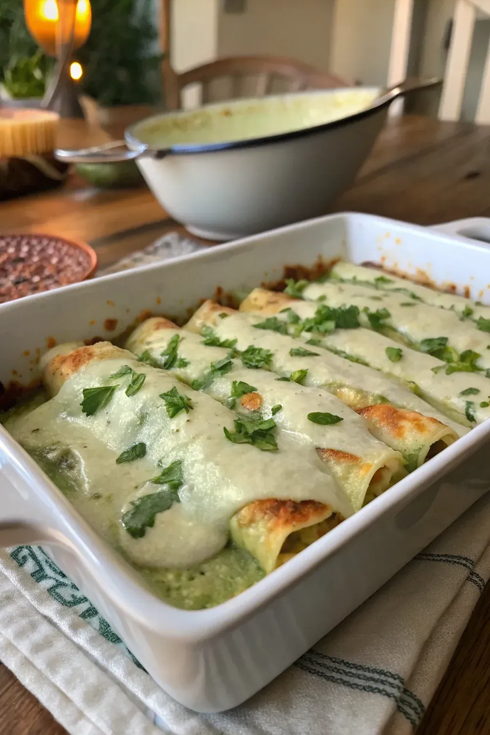 Poblano chicken enchiladas with creamy green sauce vertical view, Tex-Mex weeknight dinner, save for the next family meal