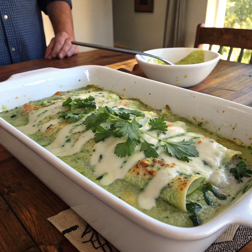 Overhead view of a tray of poblano chicken enchiladas plated with crema, cilantro, lime wedges, and a side of refried black beans on a Texas patio table