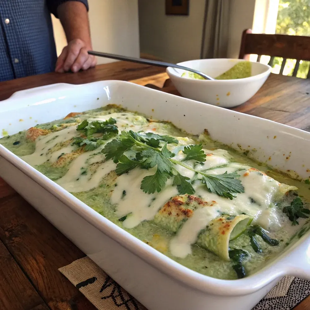 Overhead view of a tray of poblano chicken enchiladas plated with crema, cilantro, lime wedges, and a side of refried black beans on a Texas patio table
