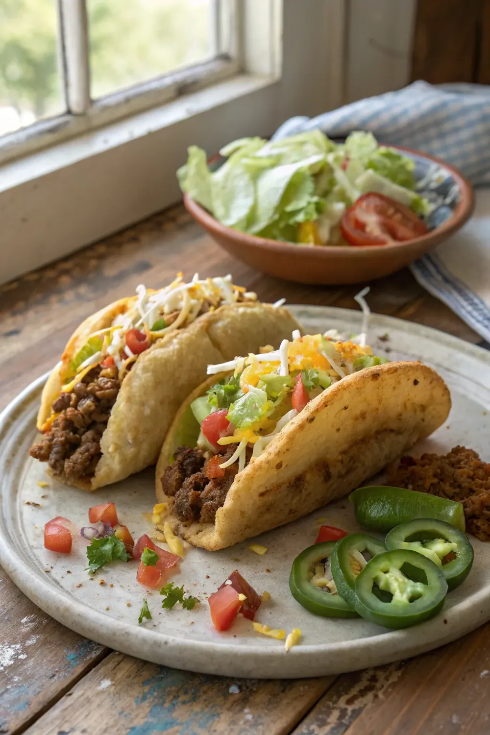 Vertical view of San Antonio puffy tacos on a wooden board with masa harina, tortilla press, save this Henry's-style recipe