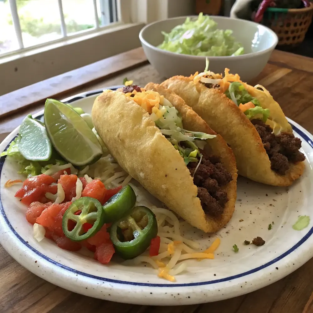 Overhead view of three puffy tacos on a Tex-Mex restaurant plate with refried beans, Spanish rice, lime wedges, salsa roja