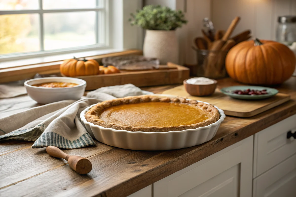 Close-up of a slice of Texas pumpkin pie showing the smooth pumpkin custard, the textured brown butter pecan crust, and a dollop of whipped cream