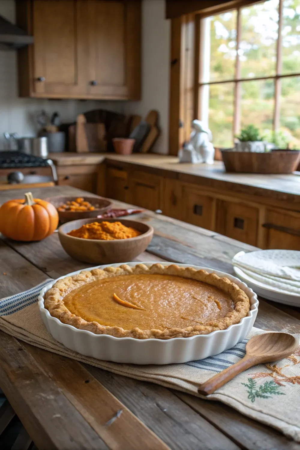 Vertical shot of Texas pumpkin pie with brown butter pecan crust, save this Hill Country Thanksgiving recipe for the holiday dessert table