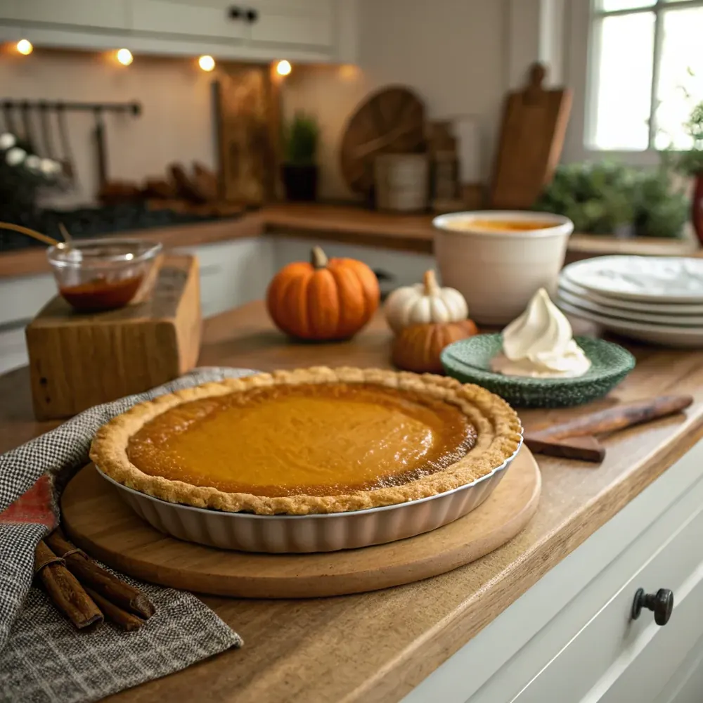 Overhead view of a whole Texas pumpkin pie cooling on a wooden board with a small bowl of chopped pecans, a cup of coffee, and an autumn-colored linen napkin