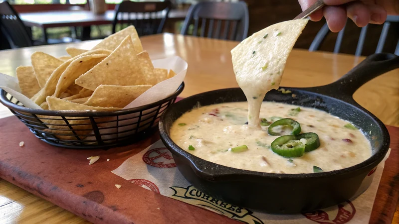 Close-up of a Tostitos Scoops chip lifting a thick ribbon of white queso, smooth restaurant-style melt with green chile pieces visible