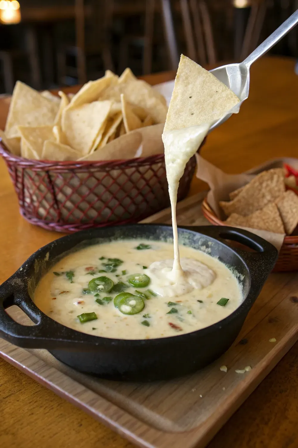 Vertical view of Chuy's-style white queso dip pouring from a ramekin onto a tortilla chip, save this Tex-Mex restaurant queso recipe