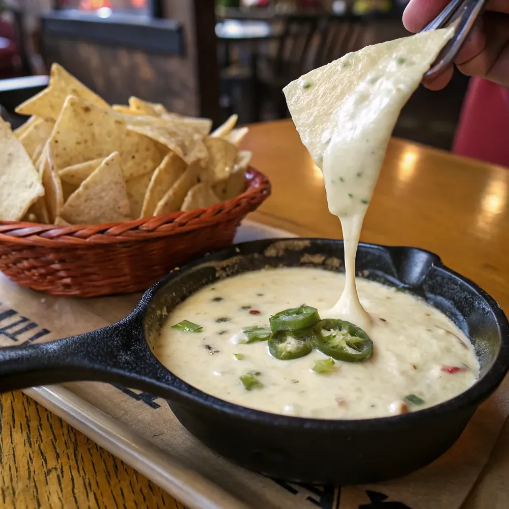 Overhead shot of white queso dip in a ramekin with chips, lime wedges, and diced green chiles on a wooden Tex-Mex table