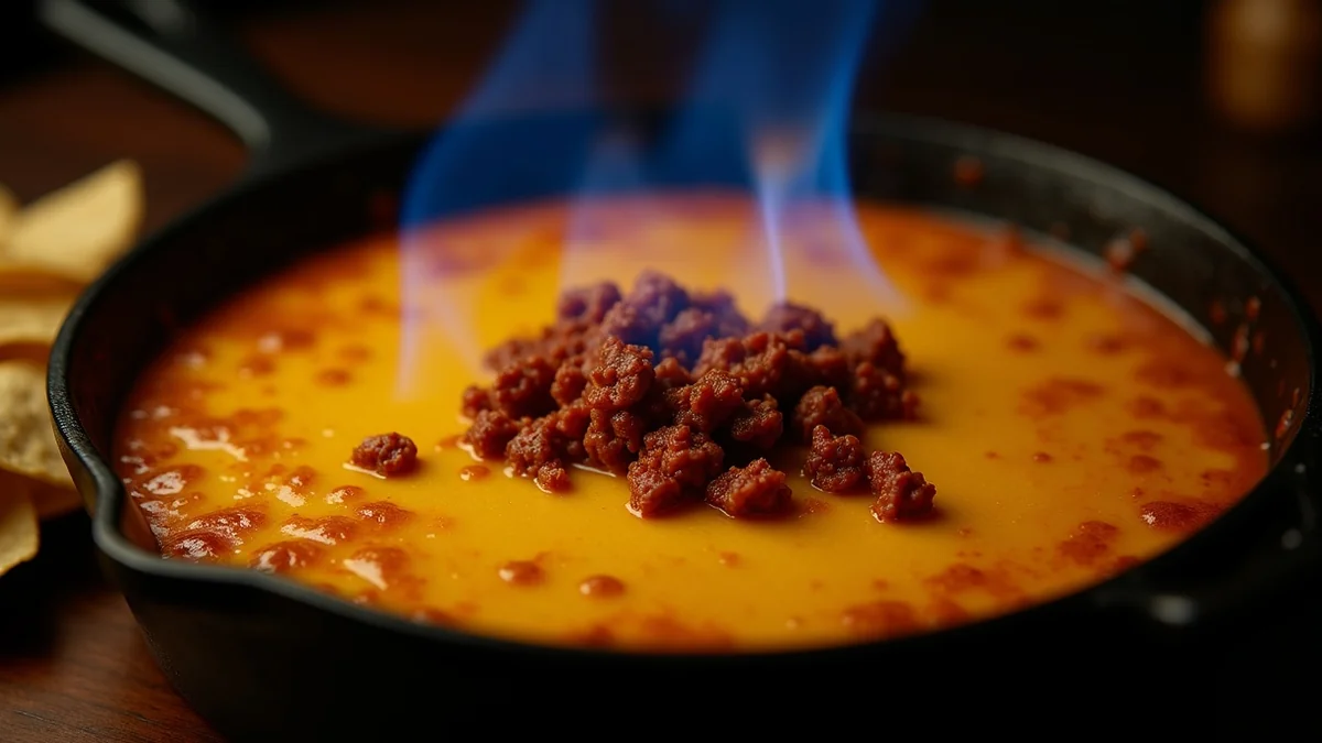Queso flameado in a cast iron skillet, melted Oaxaca cheese bubbling with crumbled chorizo on top, blue flame visible from the flambé