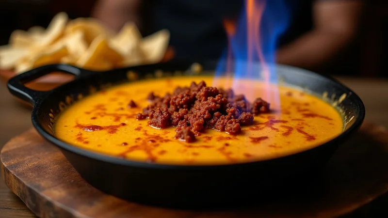 Close-up of melted Oaxaca cheese being lifted from queso flameado with a tortilla chip, chorizo crumble visible, glossy melt strands