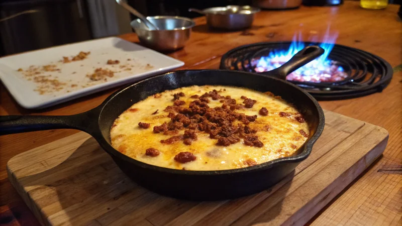 Close-up of melted Oaxaca cheese being lifted from queso flameado with a tortilla chip, chorizo crumble visible, glossy melt strands