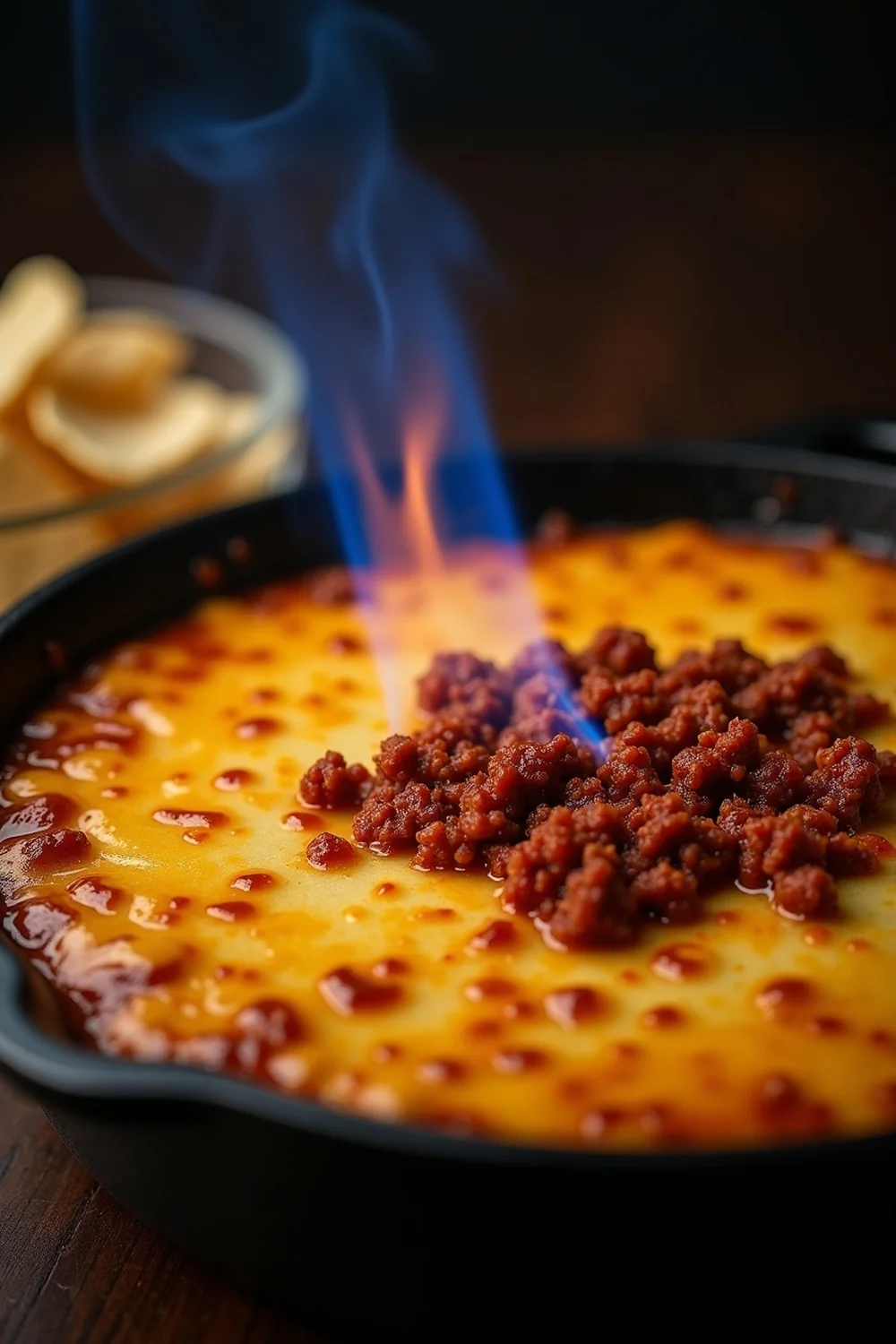 Vertical view of queso flameado on a wood serving board with the flame still visible, save this Pappasito's-style Tex-Mex appetizer recipe