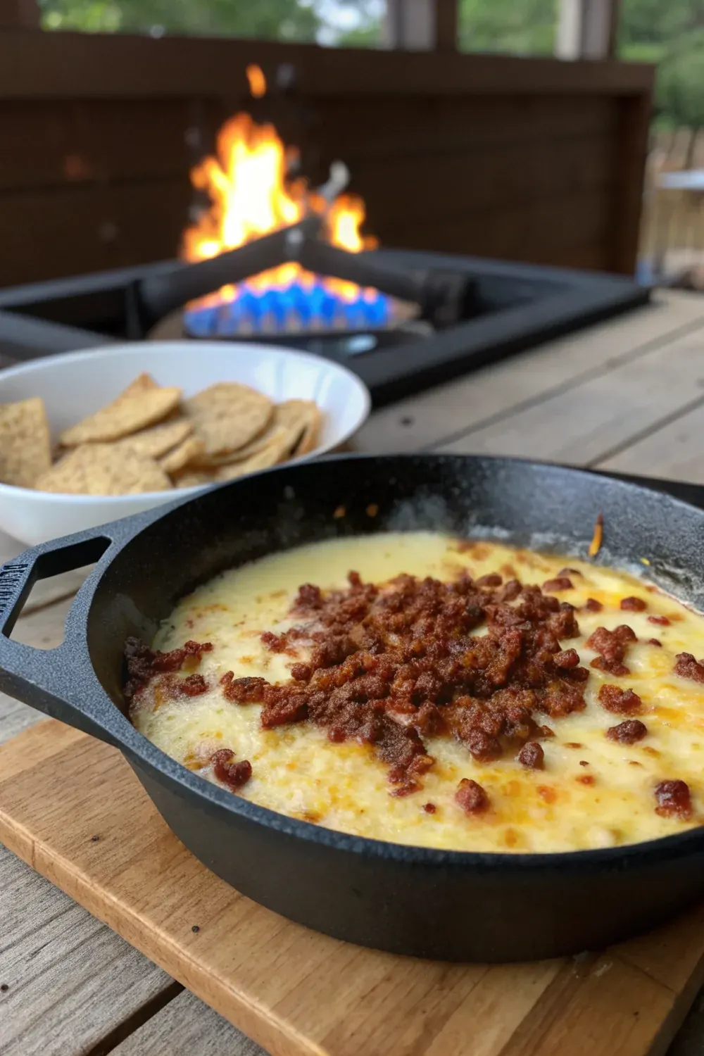 Vertical view of queso flameado on a wood serving board with the flame still visible, save this Pappasito's-style Tex-Mex appetizer recipe
