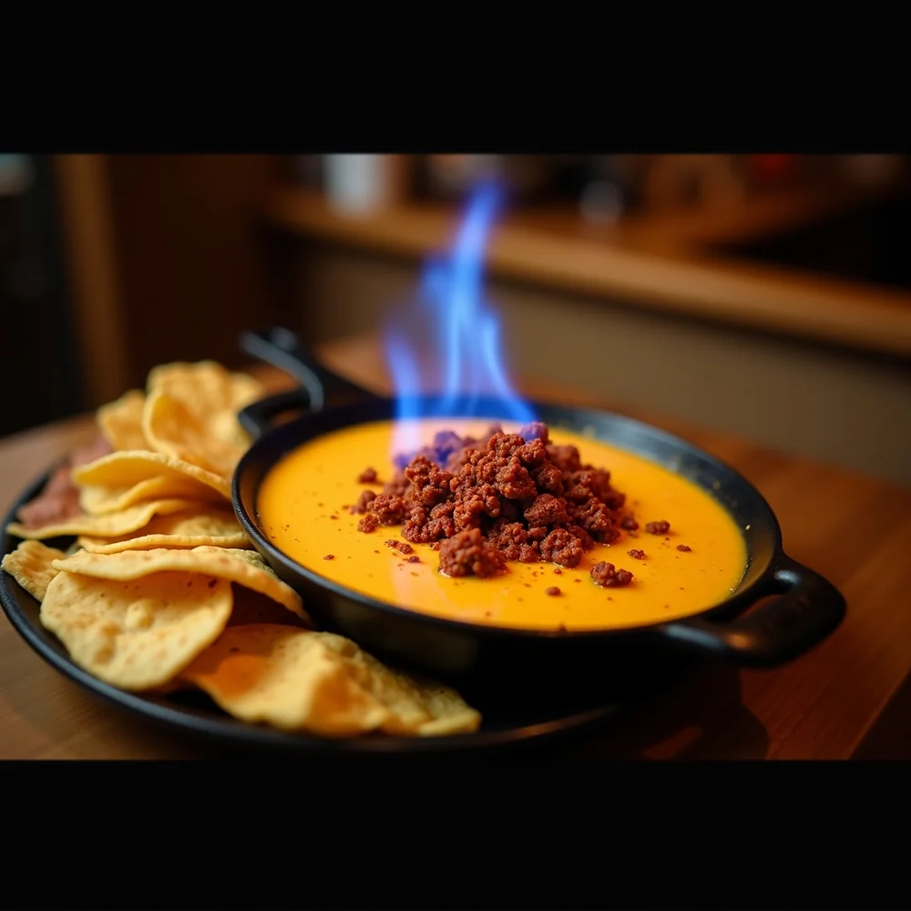 Overhead view of queso flameado in a small cast iron skillet on a Tex-Mex restaurant table with warm flour tortillas, lime, and beer