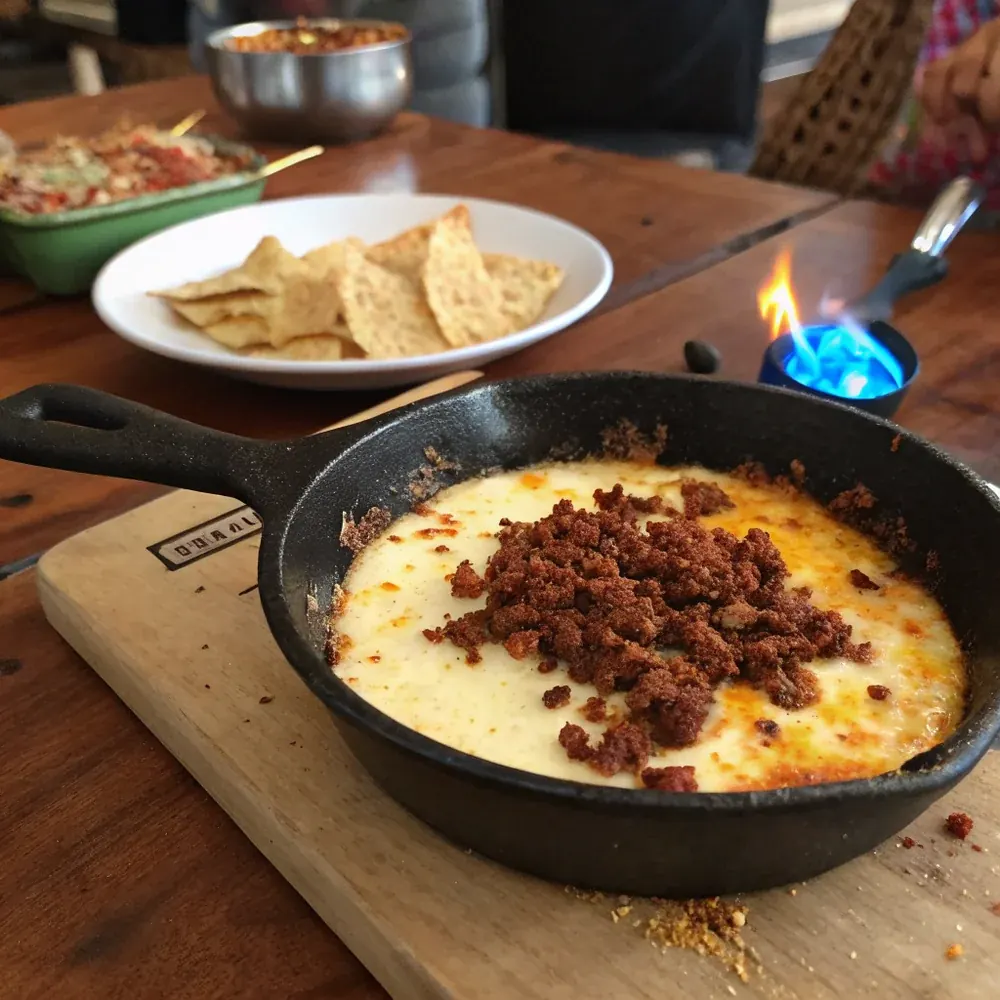 Overhead view of queso flameado in a small cast iron skillet on a Tex-Mex restaurant table with warm flour tortillas, lime, and beer
