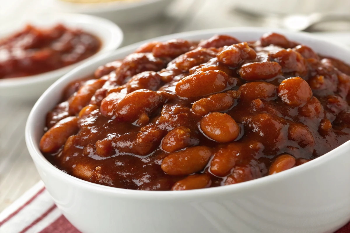 Close-up of pinto beans coated in a glossy dark red chili sauce, the sauce thick enough to coat each bean rather than pool