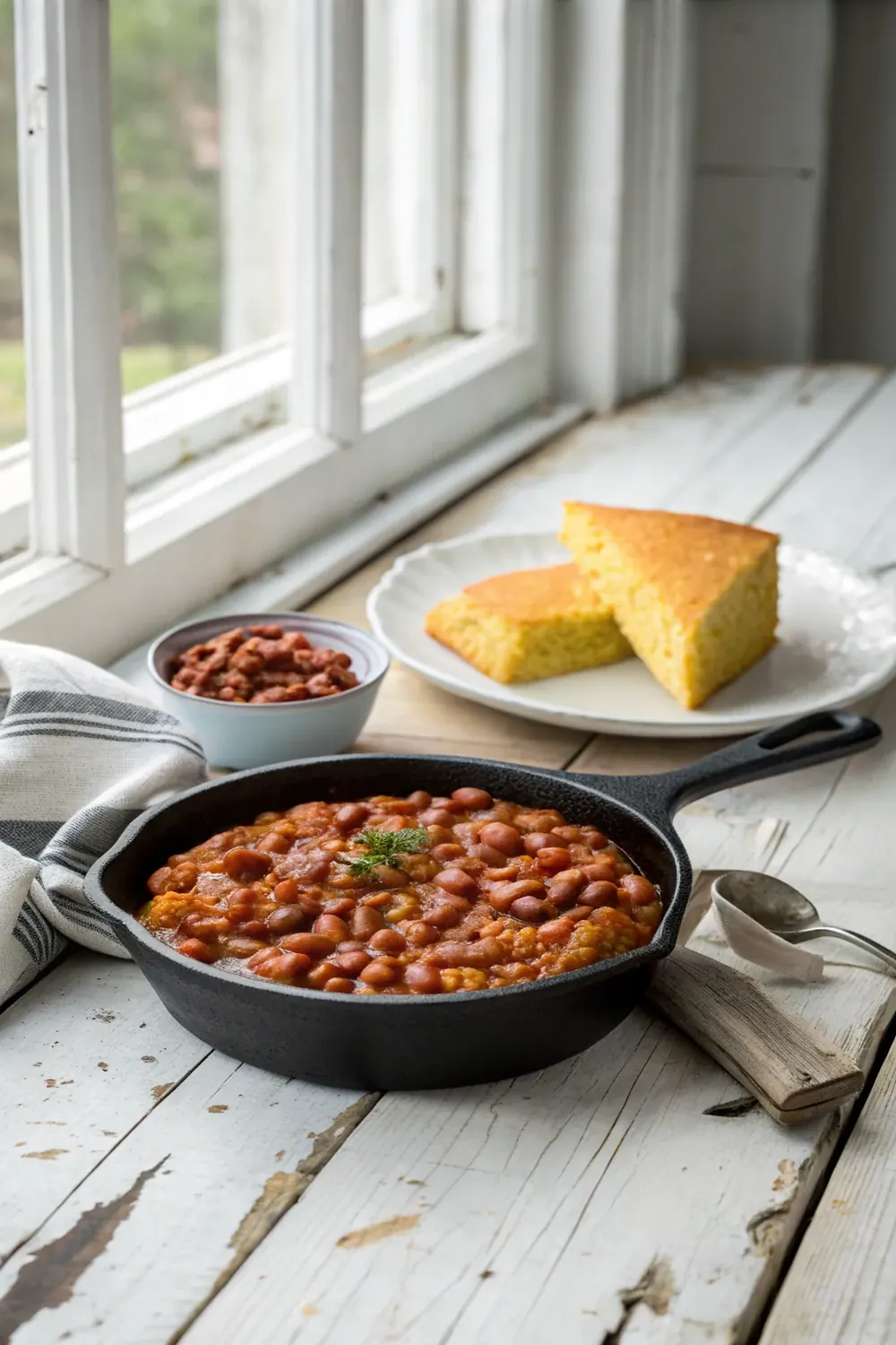 Vertical shot of a cast iron skillet of tangy red ranch style beans beside a wedge of golden cornbread on a weathered wooden table
