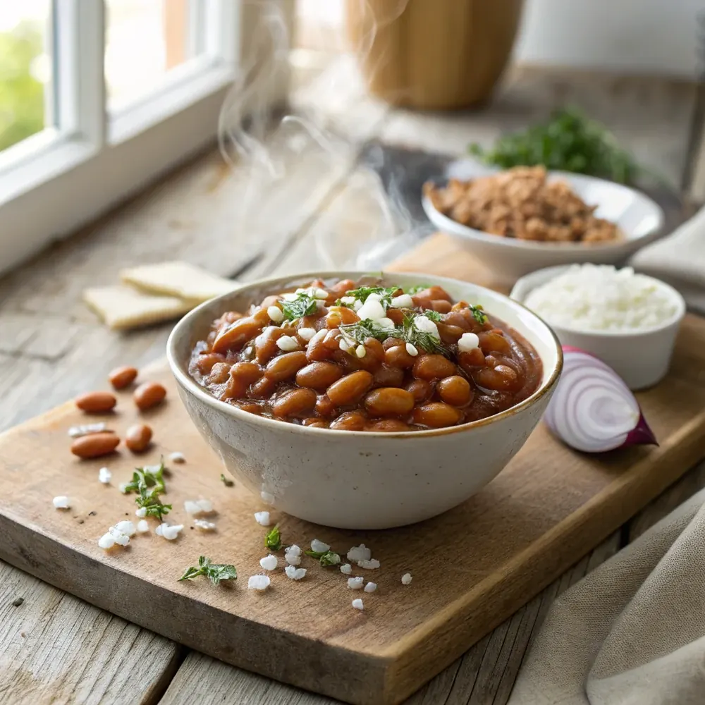 Overhead view of a bowl of ranch style beans with sauce-coated pintos and a scattering of chopped onion on a rustic wooden surface