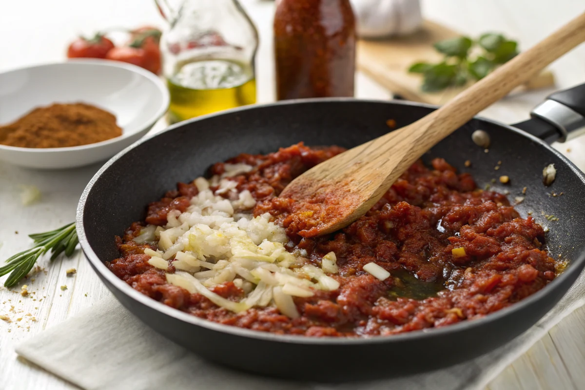 Skillet of dark brick-red tomato paste and spices cooked down in oil with grated onion, wooden spoon dragging a clear line through the paste