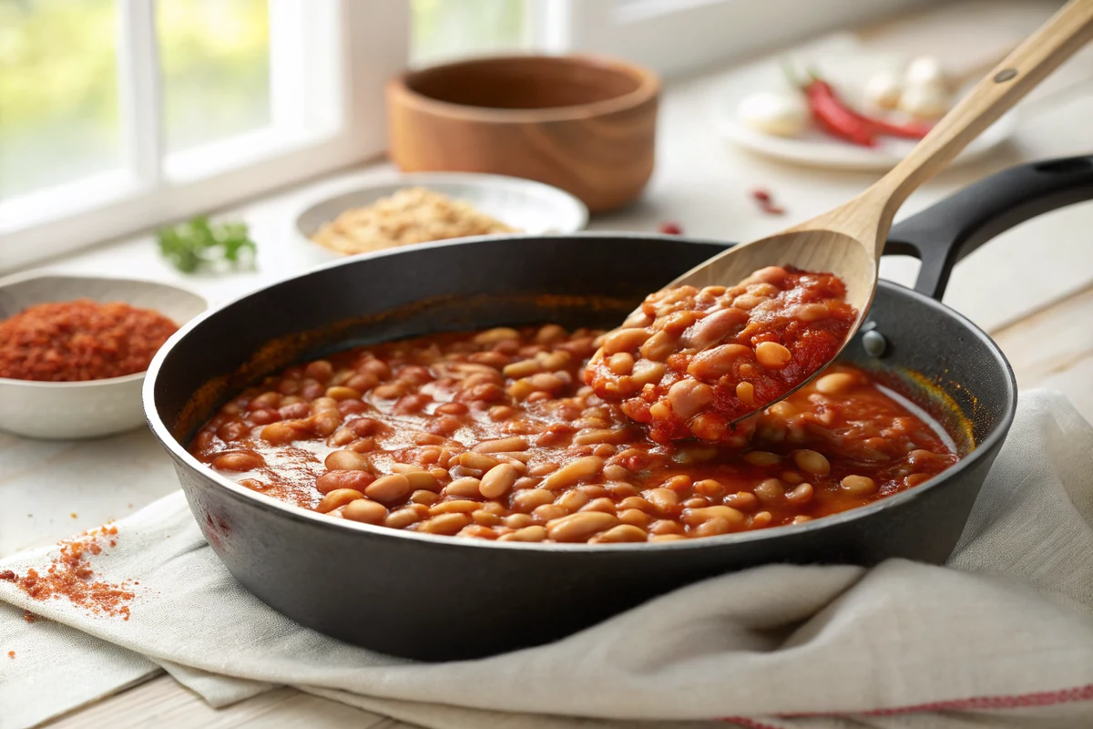 Tender whole pinto beans being folded into a simmering red sauce in a wide skillet, sauce visibly beginning to cling to the beans