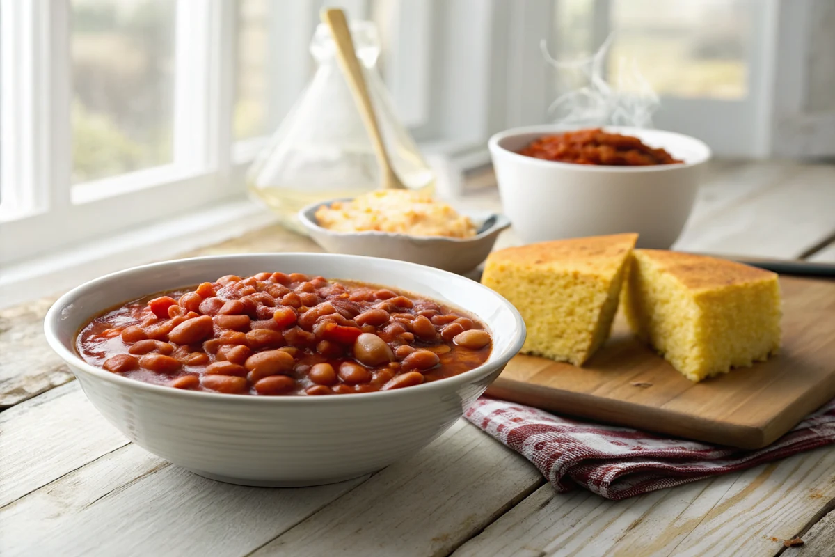 Bowl of finished ranch style beans in tight red sauce beside a golden wedge of skillet cornbread on a rustic wooden table