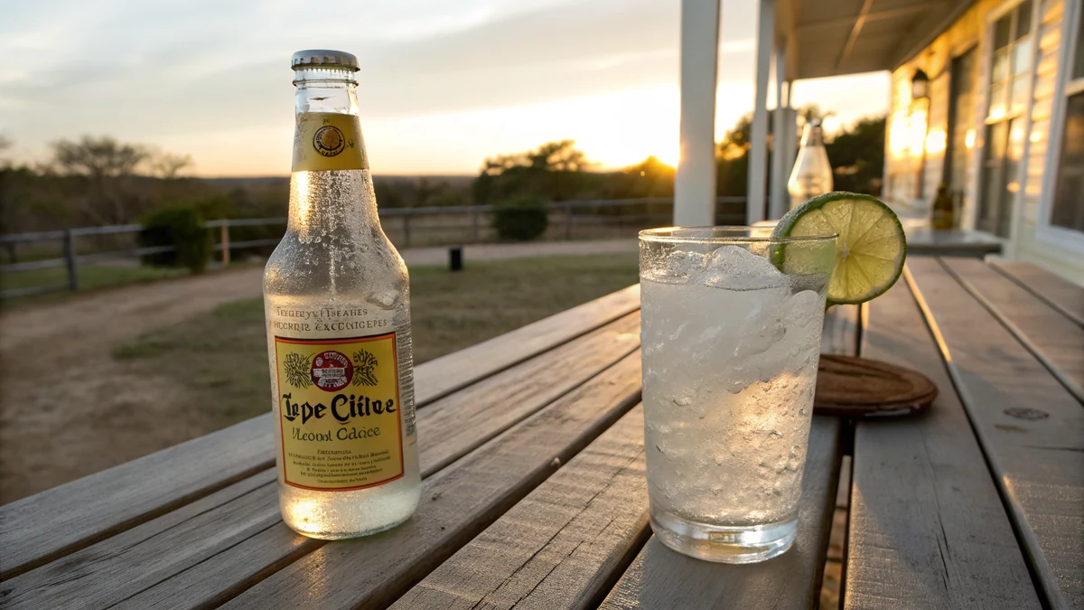 Ranch water in a Topo Chico glass bottle on a Marfa porch table with fresh lime wedges and a bottle of blanco tequila beside it