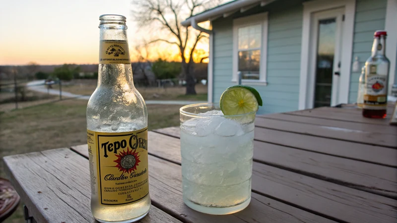 Close-up of a hand squeezing fresh lime juice into a green-glass Topo Chico bottle, carbonation rising to the bottle neck