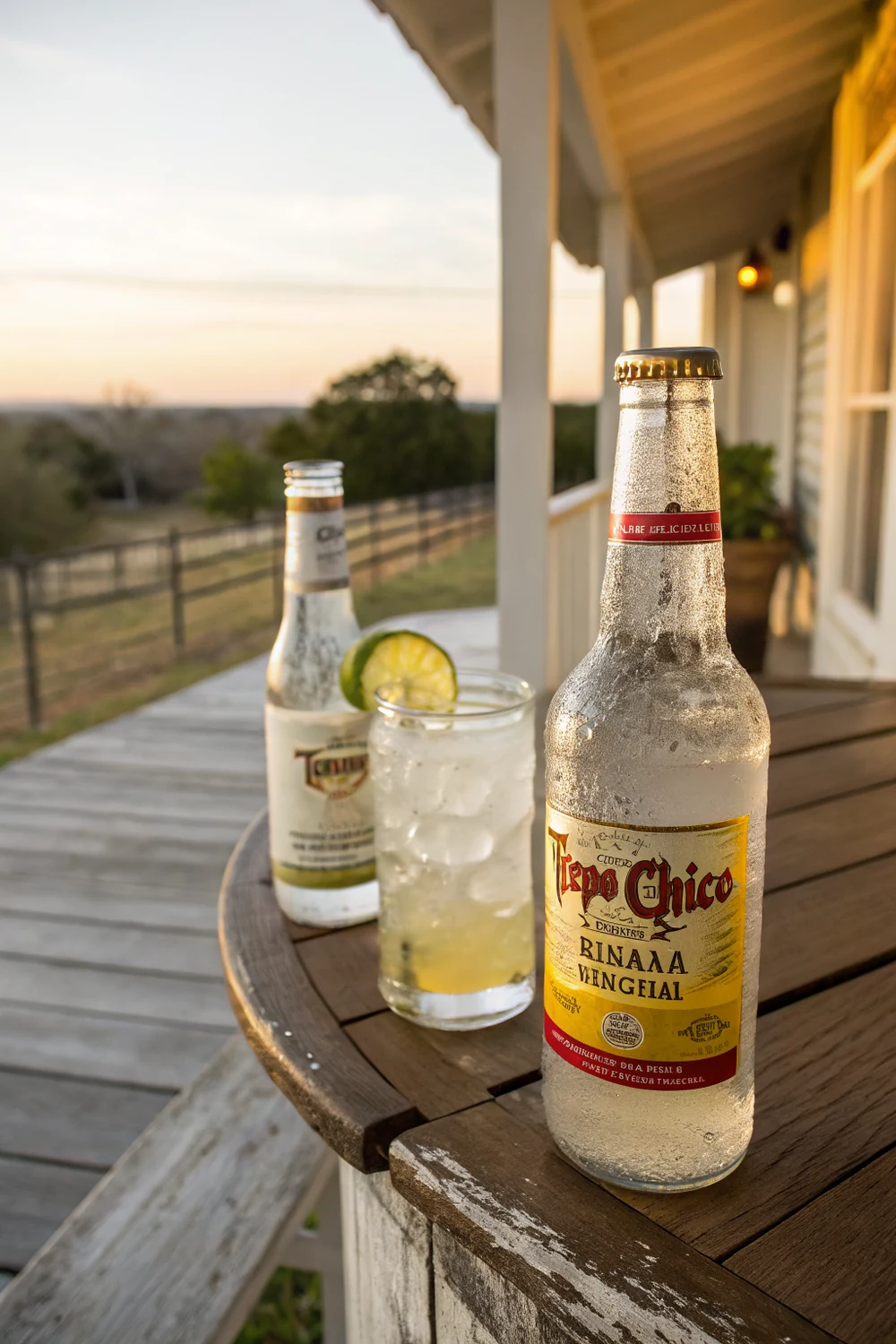 Vertical view of a ranch water cocktail in a Topo Chico bottle against a West Texas sunset, save this Texas porch cocktail