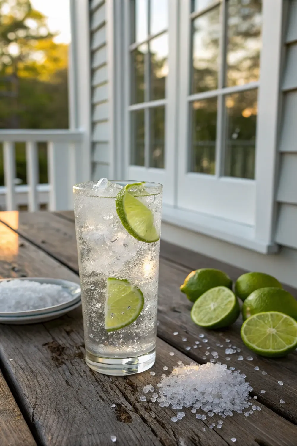Vertical view of a ranch water cocktail in a Topo Chico bottle against a West Texas sunset, save this Texas porch cocktail