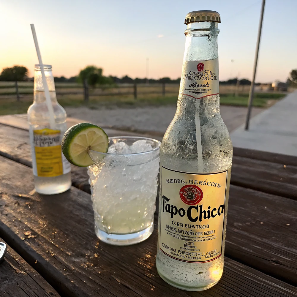 Overhead view of ranch water bottles on a galvanized steel cooler with crushed ice, lime wedges, and an open Espolon Blanco bottle
