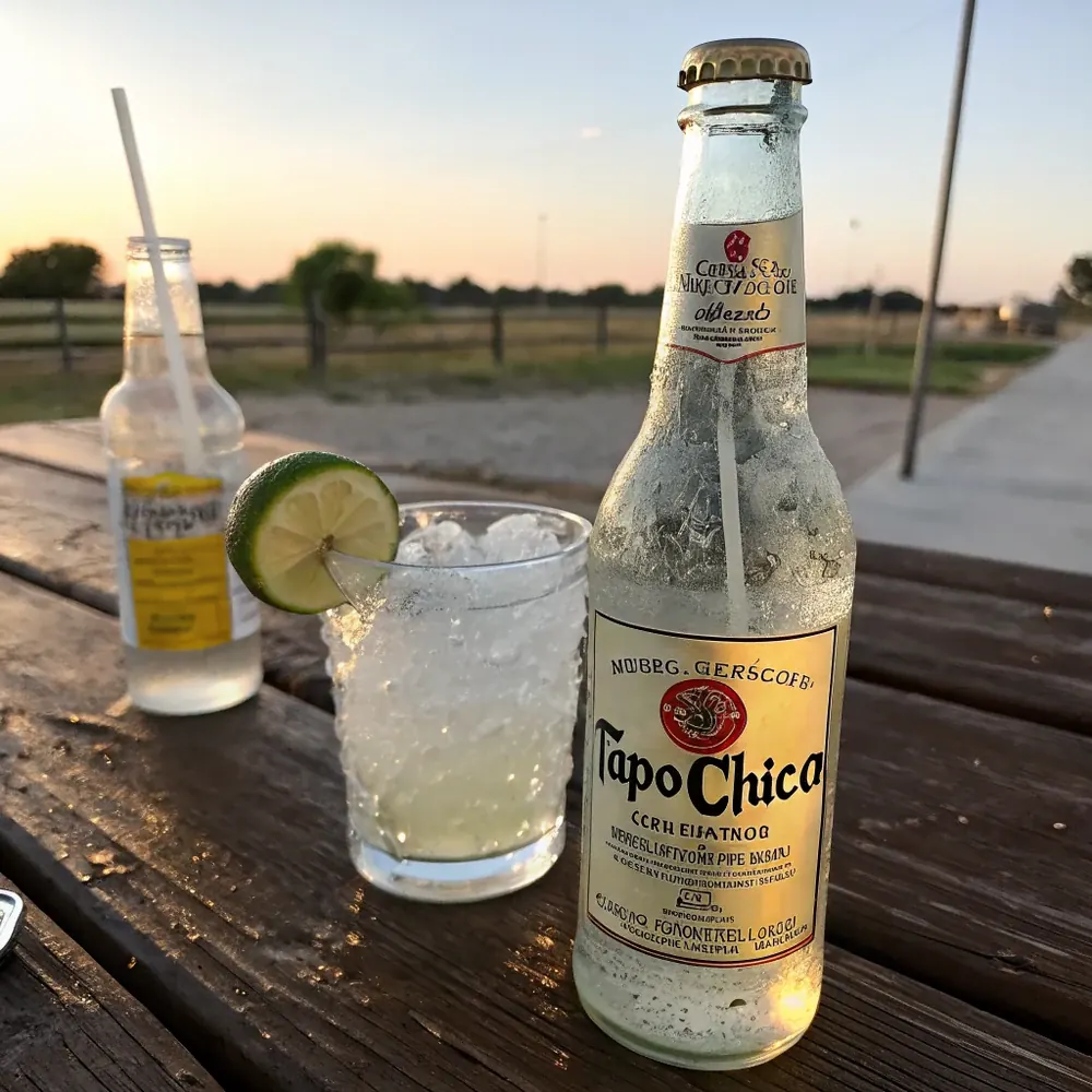 Overhead view of ranch water bottles on a galvanized steel cooler with crushed ice, lime wedges, and an open Espolon Blanco bottle