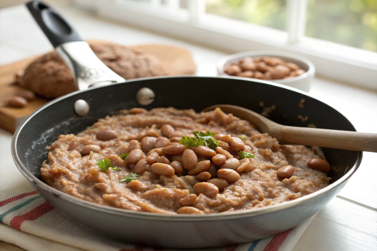 Close-up of refried beans being mashed in a hot skillet, some beans still whole among the creamy mashed base, glossy from rendered fat