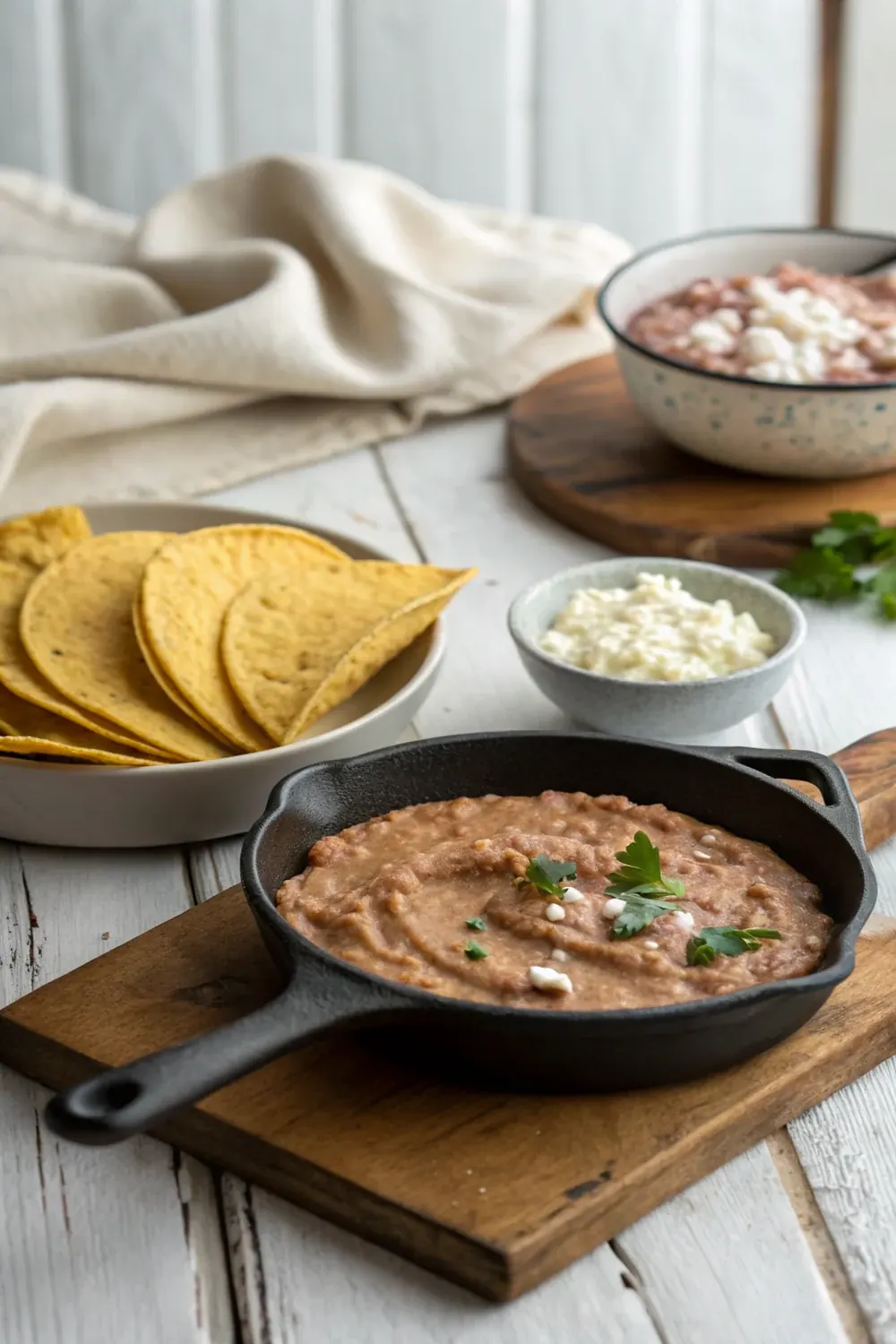 Vertical shot of a skillet of creamy refried beans beside warm corn tortillas and a small bowl of crumbled cheese on a rustic wooden table