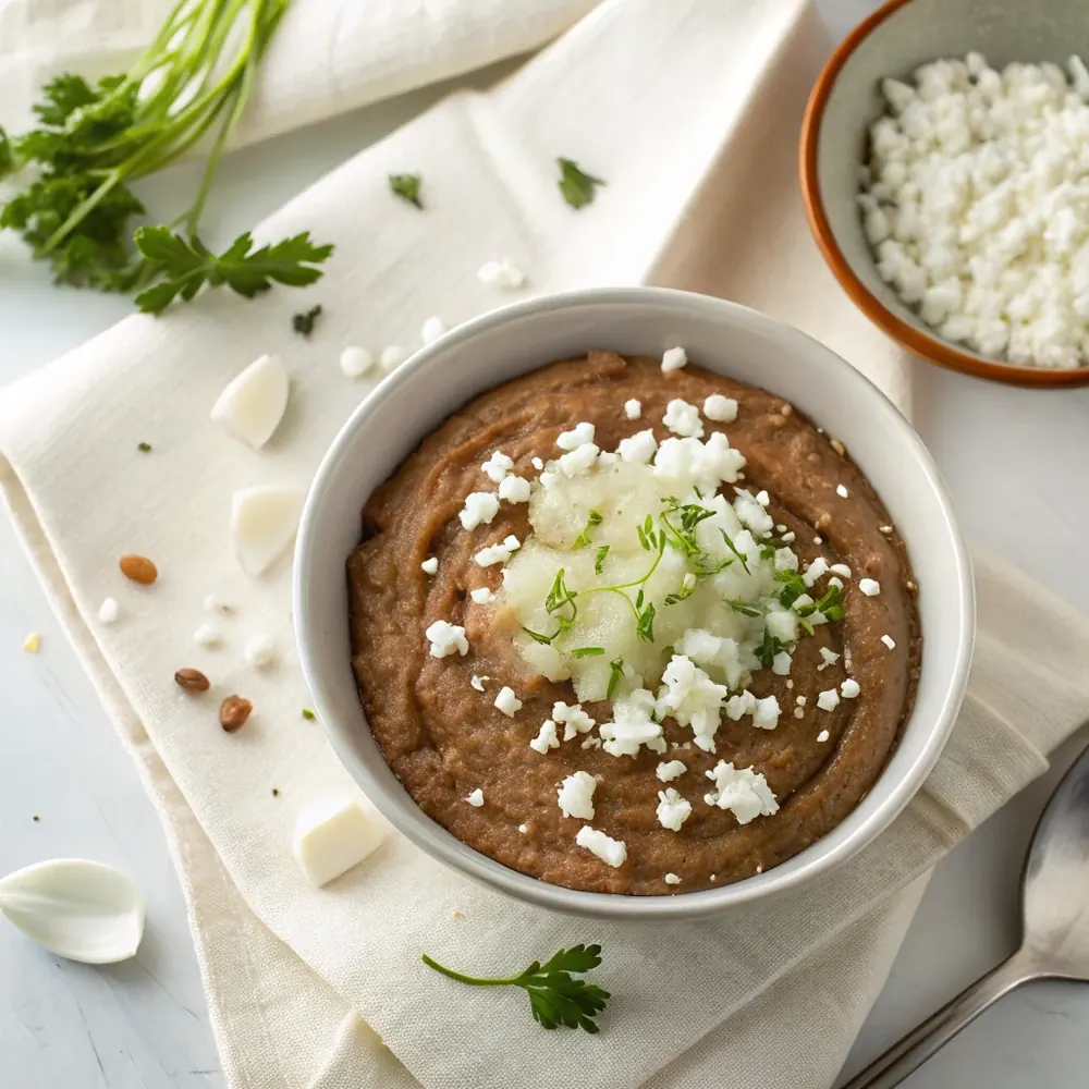 Overhead view of a bowl of smooth refried beans topped with crumbled white cheese and a scattering of chopped onion