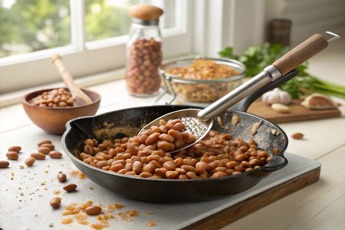 Wide skillet of pinto beans being pressed and mashed with a potato masher in glistening fat, some beans broken down and others still whole