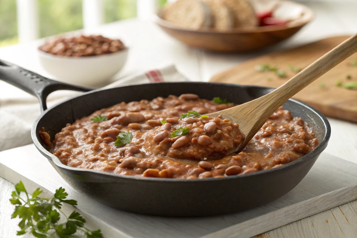 Creamy refried beans in a skillet pulling away from the pan sides as a wooden spoon drags through, glossy surface with browned edges
