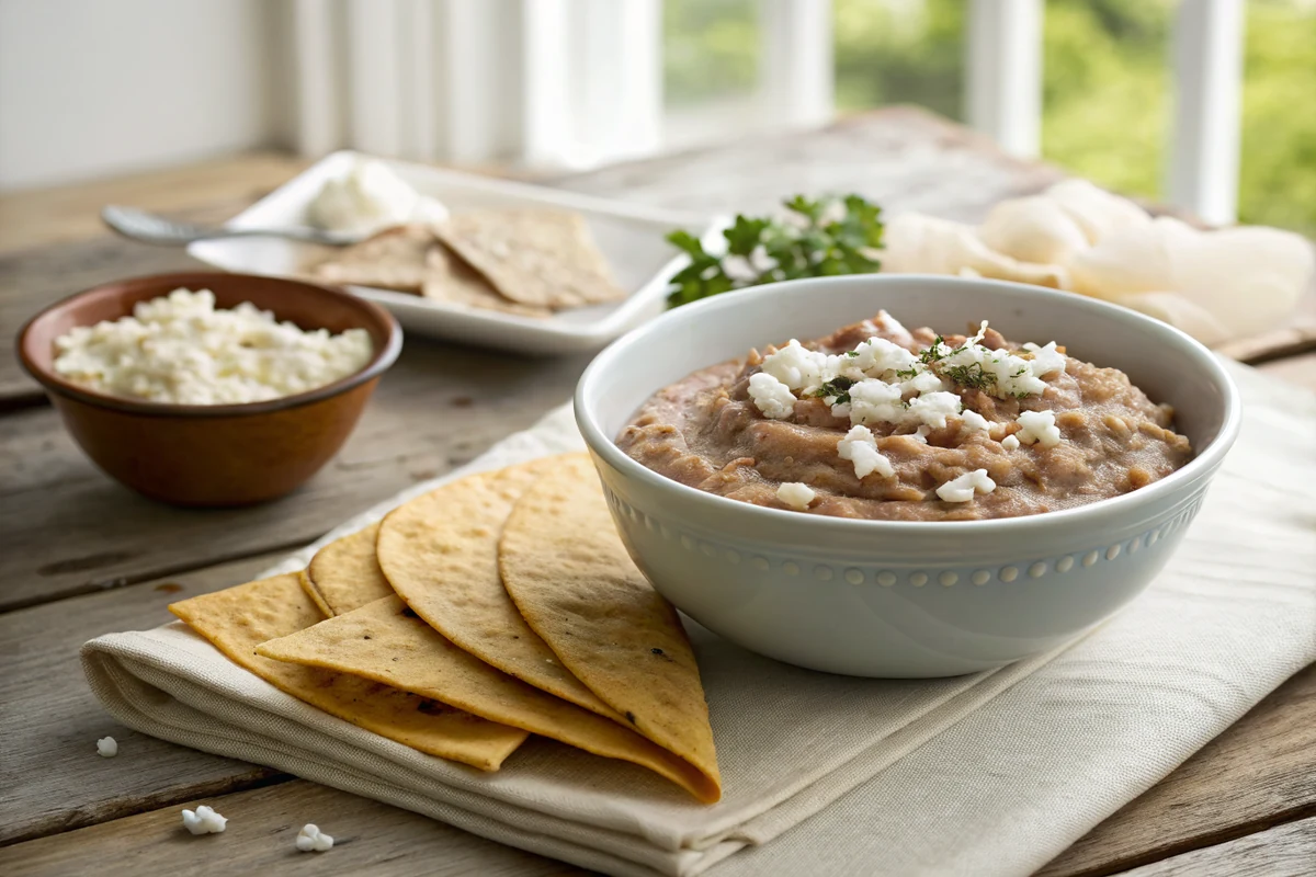 Bowl of creamy refried beans topped with crumbled white cheese beside warm corn tortillas on a rustic wooden table