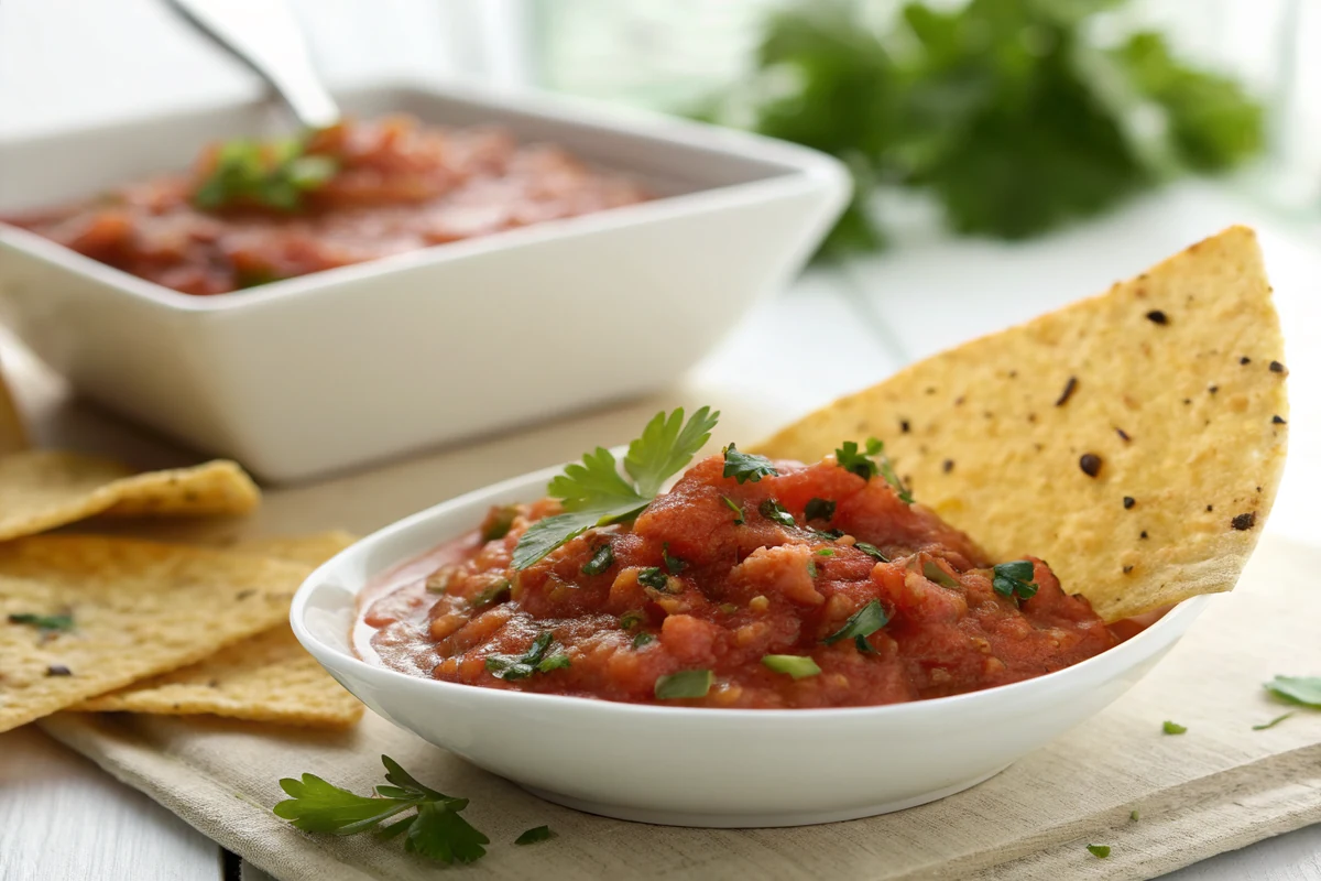 Close-up of blended red salsa on a tortilla chip showing thin pourable texture with tiny charred flecks and cilantro specks