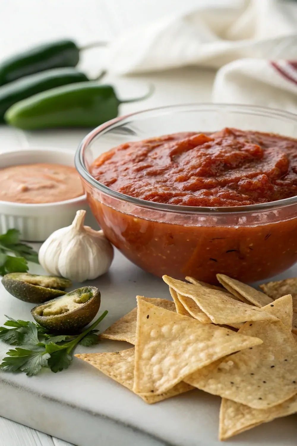 Vertical shot of a glass bowl of smooth fire roasted red salsa with chips stacked below and charred jalapenos and garlic cloves beside it