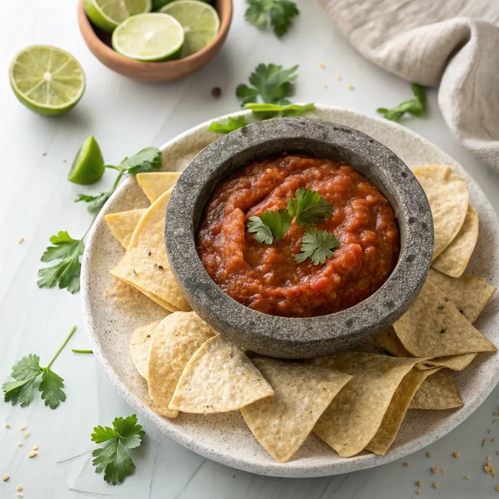 Overhead view of a stone bowl of restaurant style blended red salsa centered in a ring of tortilla chips with lime wedges and cilantro sprigs