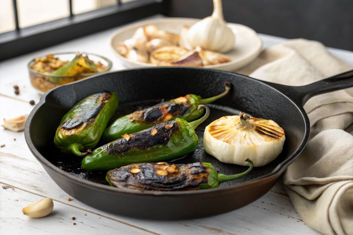 Whole jalapenos garlic cloves in skins and a thick onion slab charring in a dry cast iron skillet with blistered blackened patches