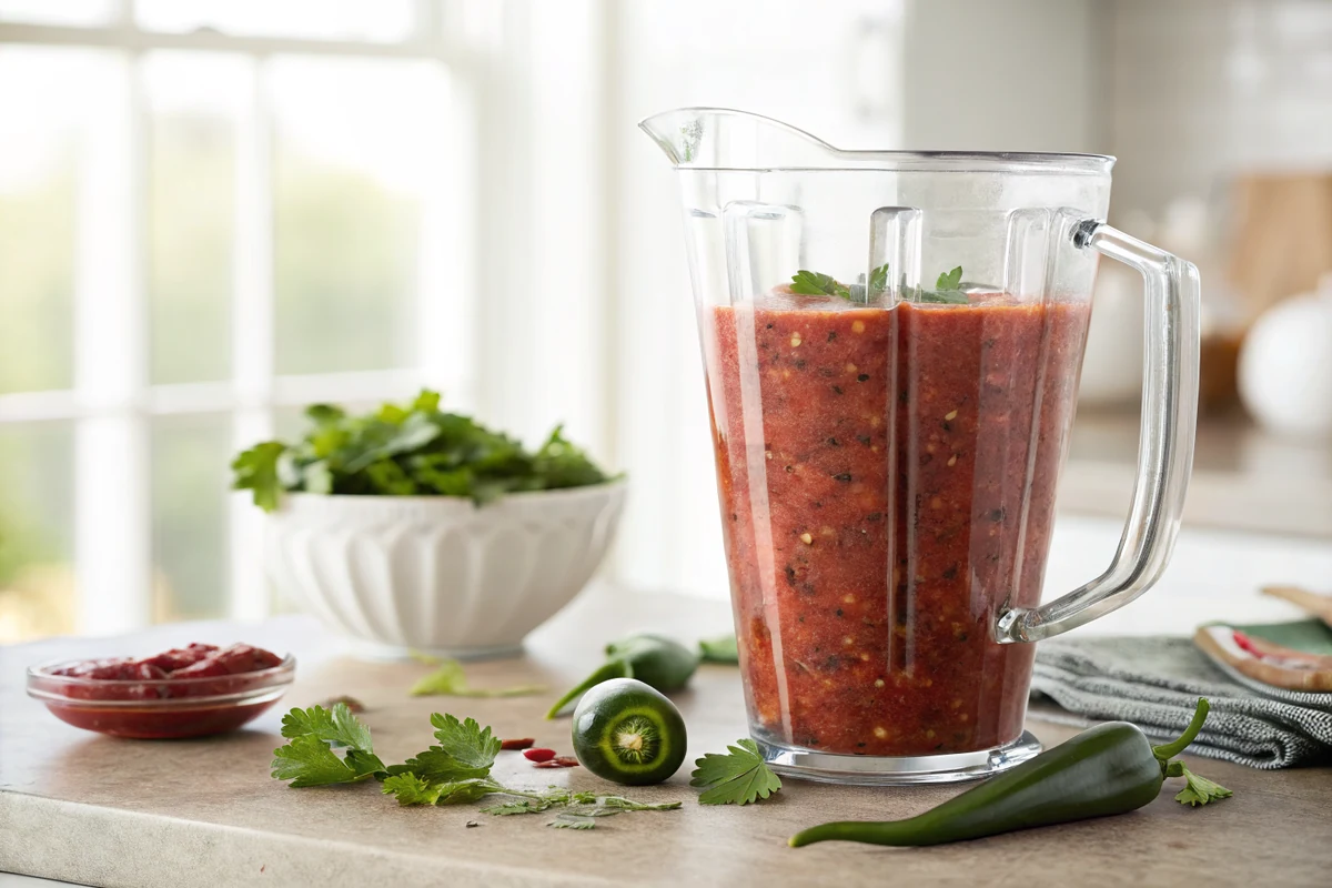 Blender jar with deep red salsa mid pulse showing coarse flecked texture and visible pieces of charred pepper and cilantro