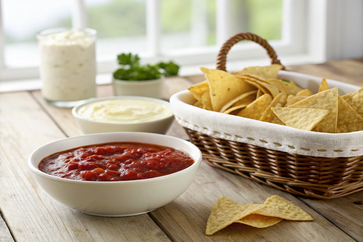 Wide shallow bowl of deep red salsa beside a bowl of pale queso and a basket of warm tortilla chips on a wooden table