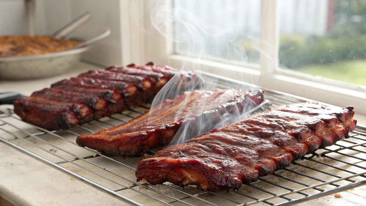 Sliced smoked pork ribs with dark mahogany bark and juicy pink meat stacked on a wooden cutting board