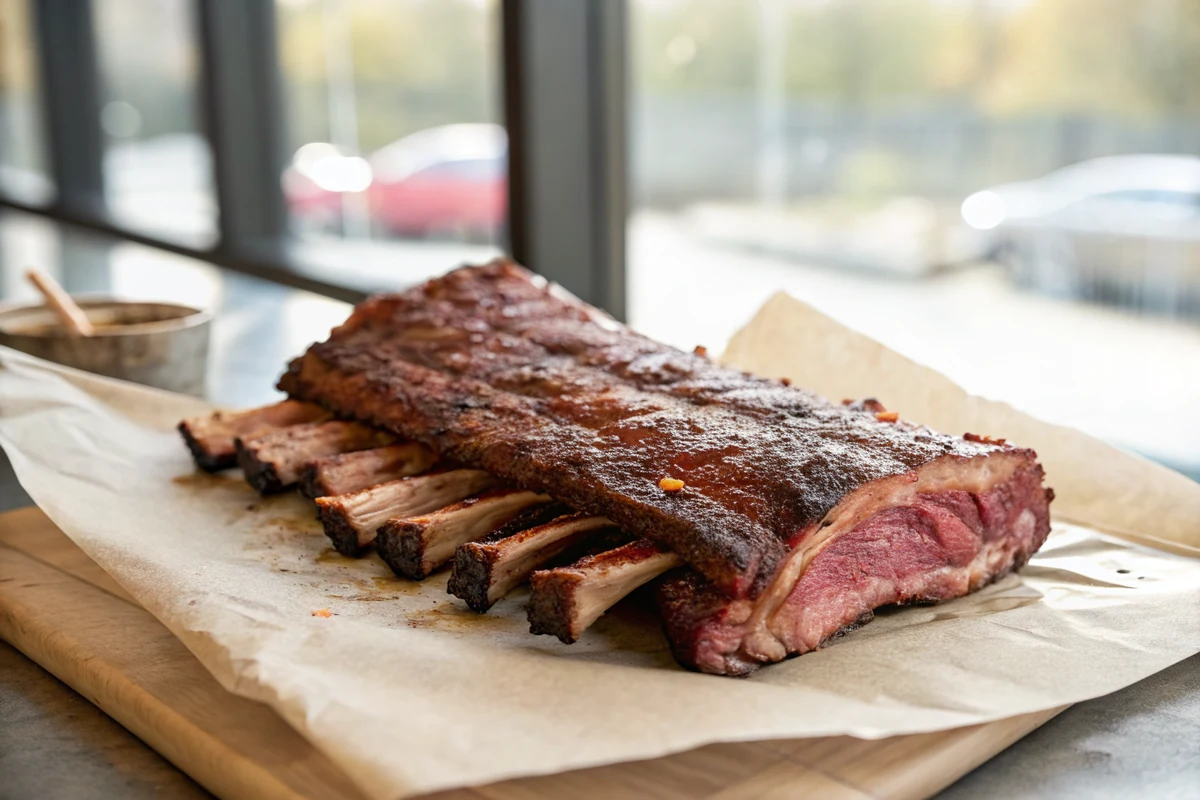 Close-up of a full rack of smoked ribs with crusted red-brown bark and bones peeking from the ends, resting on butcher paper